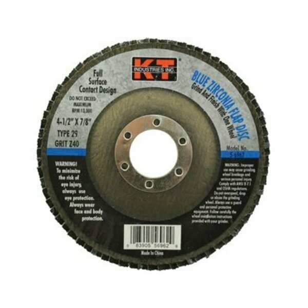 K-T Industries Flap Disc, 4-1/2 in Dia, 7/8 in Arbor, 40 Grit, Zirconium Abrasive 5-6962